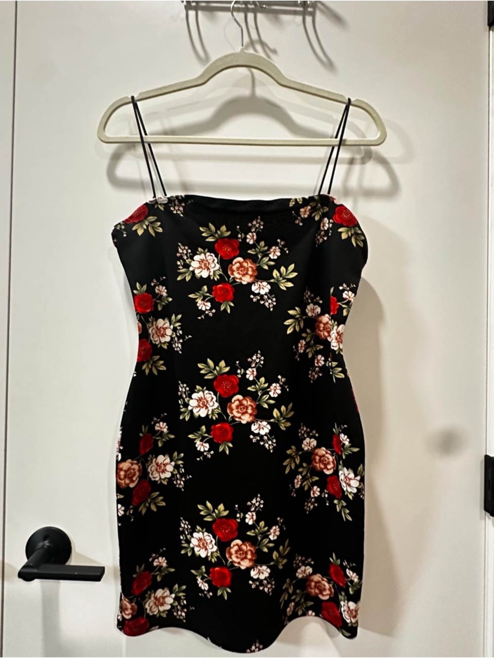 SHEIN Black Mini Slip Dress with Red and Cream Floral Print